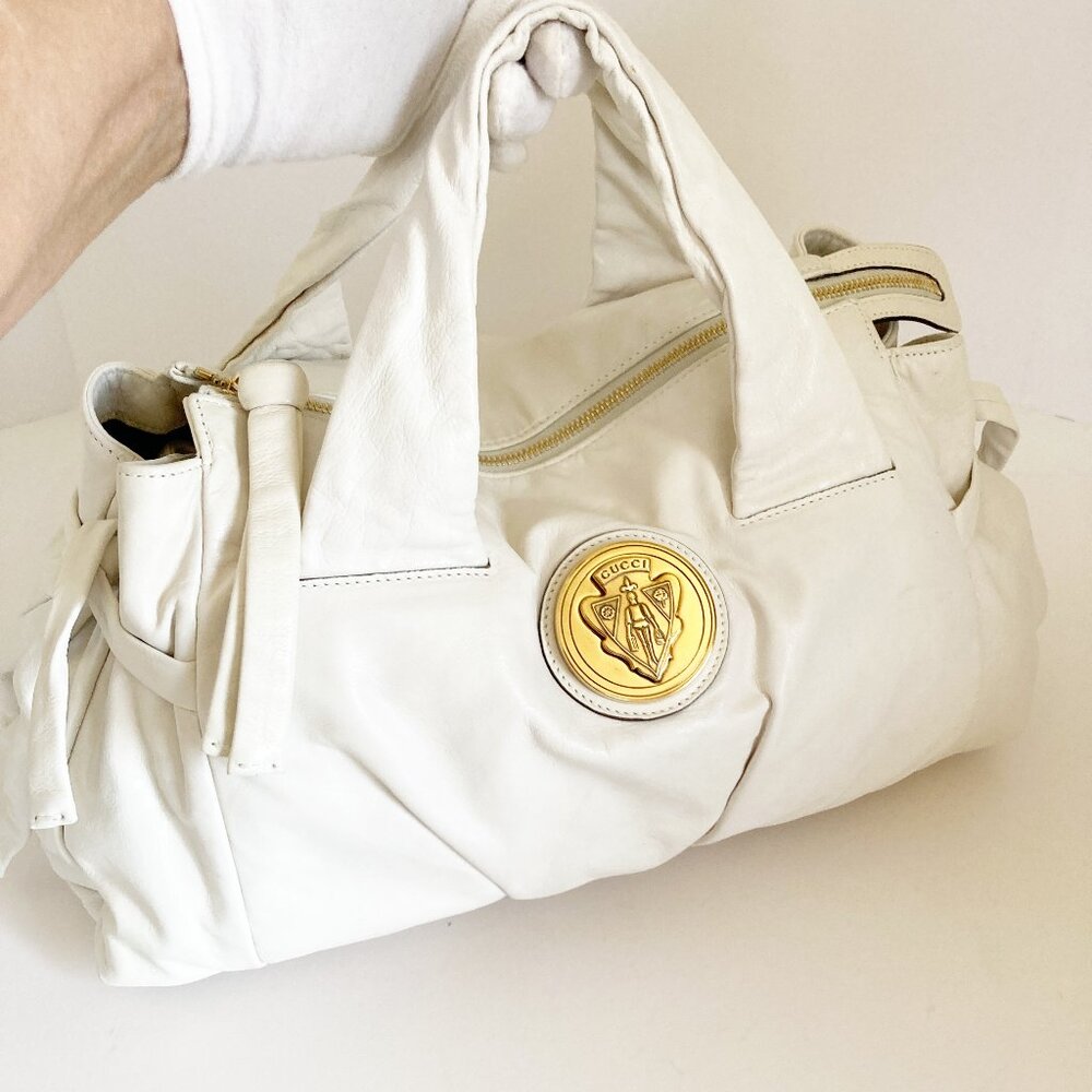 Gucci White Leather Satchel with Gold Medallion
